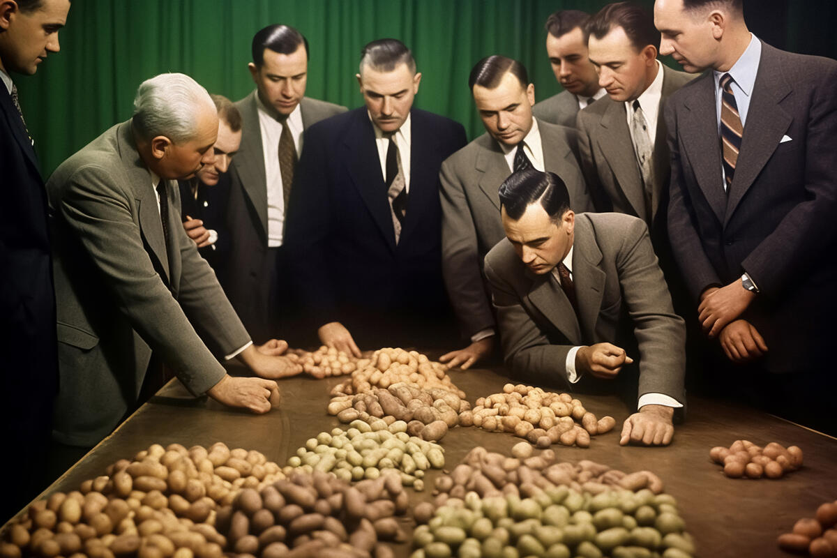 AI generert bilde som viser en rekke menn i dress som betrakter ulike potetsorter på et bord.