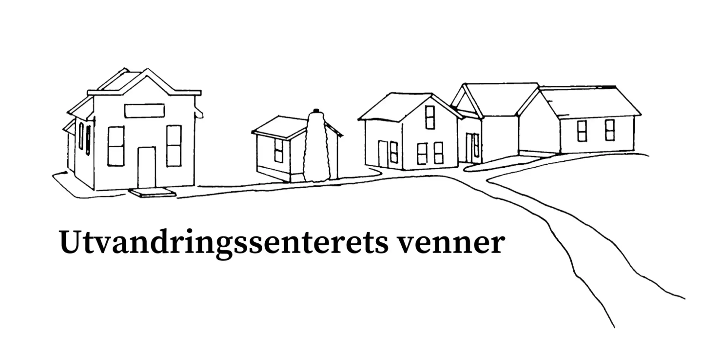 Prærielandsbyen tegnet i silhuett og tekst Utvandringssenterets venner