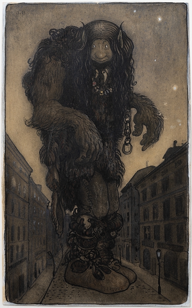 Akvarellmålning föreställande en jätte med armarna böjda framför sig som står på en stadsgata. Stjärnor på den mörka natthimlen.