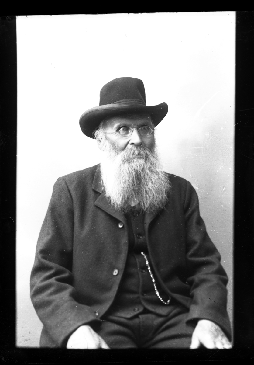Atelierfoto.Portrett.En eldre mann med skjegg og hatt.