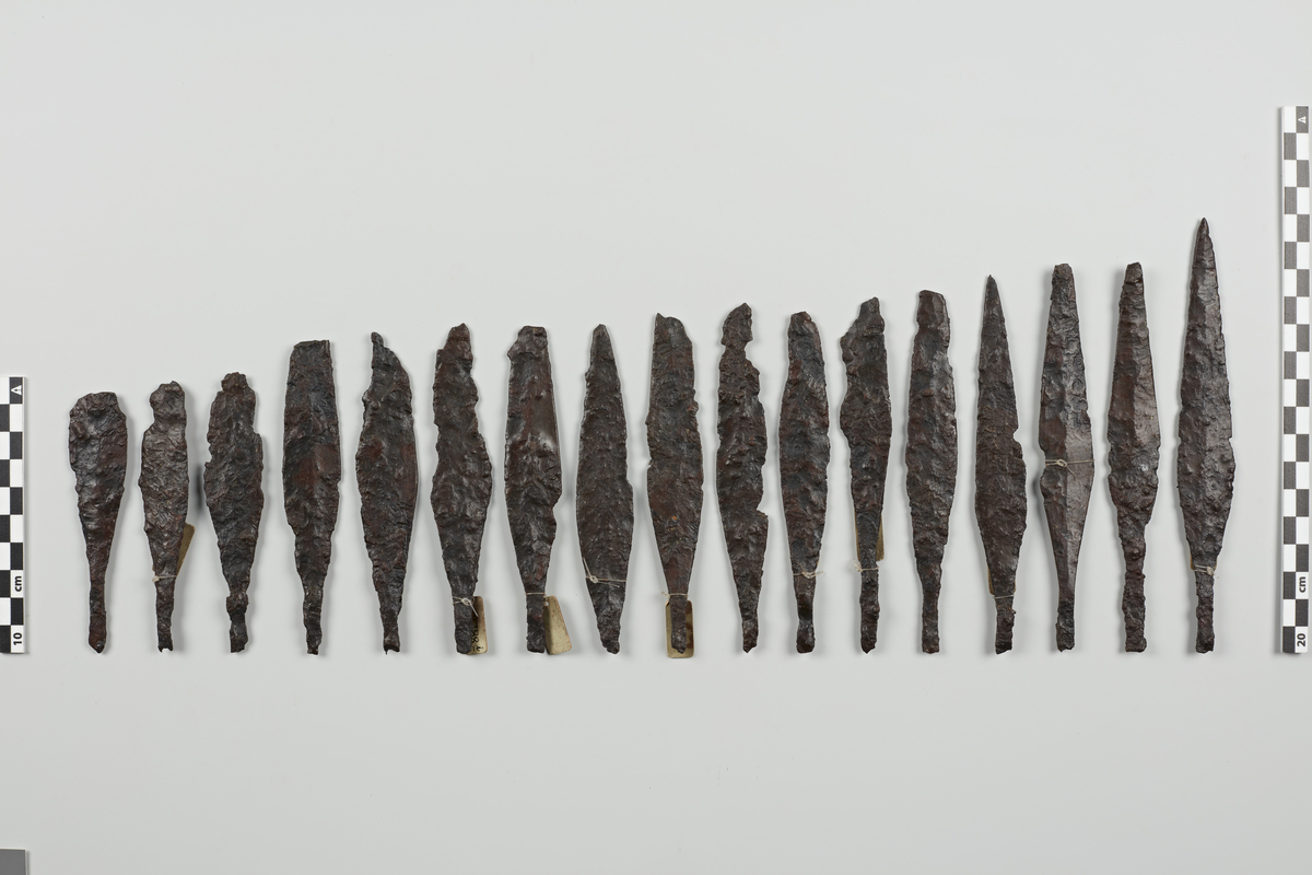 18 Pilespidser af Jern fra yngre Jernalder, alle af Formen med flad Skaftstift som NO. 540. De bedst bevarede af dem ere 15-16 cm. lange. 