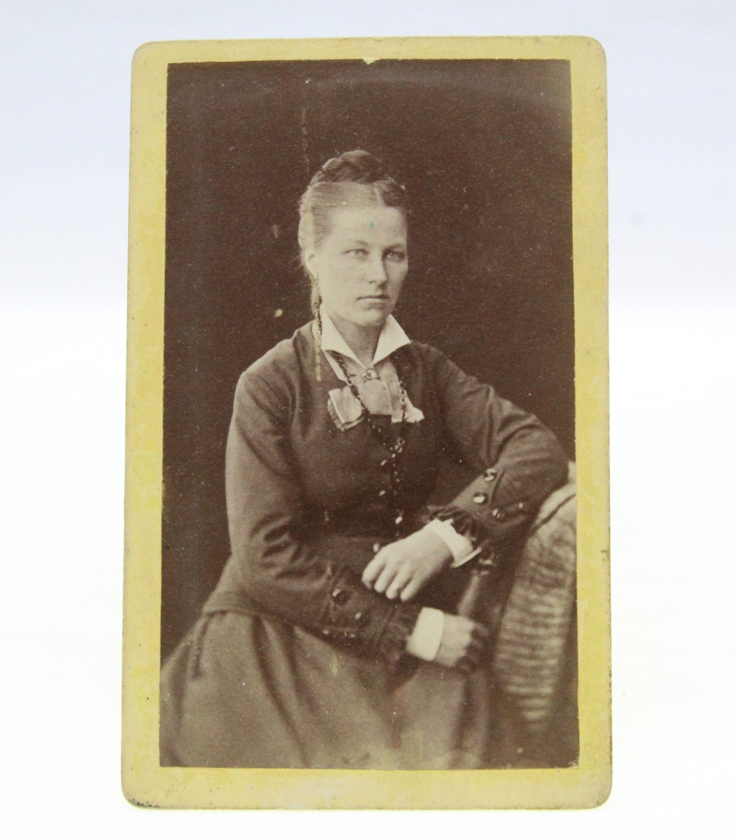 Portrett av en kvinne. Fotografi fra album etter Karoline Nilsen (1862-1947). Karoline Nilsen (Grelsen) var født på Rognmo. Flyttet til Karlstad, Målselv. Fotograf L. Schjetne, Tromsø.