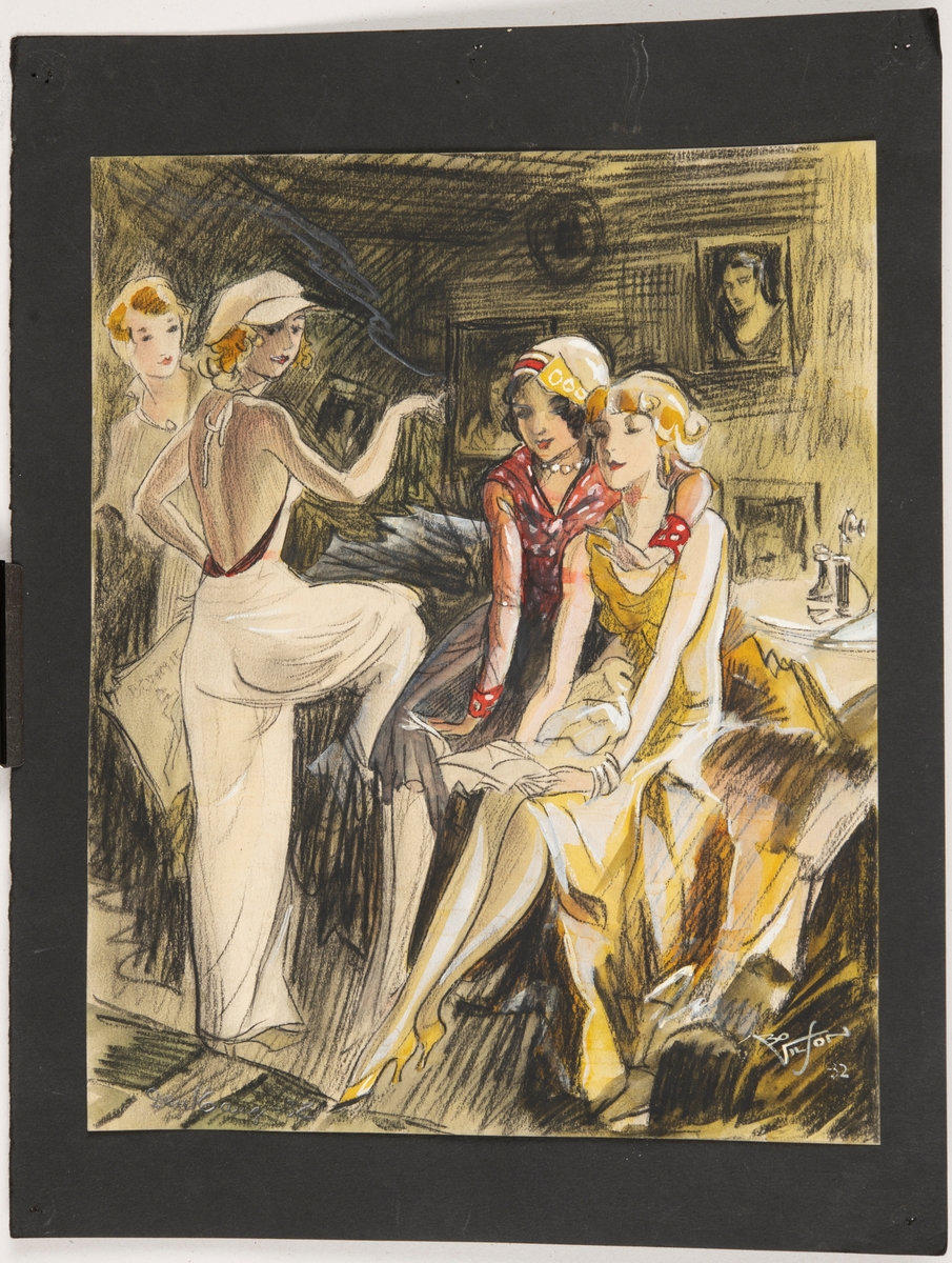 Troligen illustration till bok eller tidning.

Illustrationen föreställer fyra unga kvinnor som umgås i ett rum. Kvinnorna är upplädda. Två kvinnor sitter ner varpå den ena håller armen om den andra. De andra två står upp varpå den ena röker. Rummet är mörkt och på väggen skymtar ett antal tavlor.