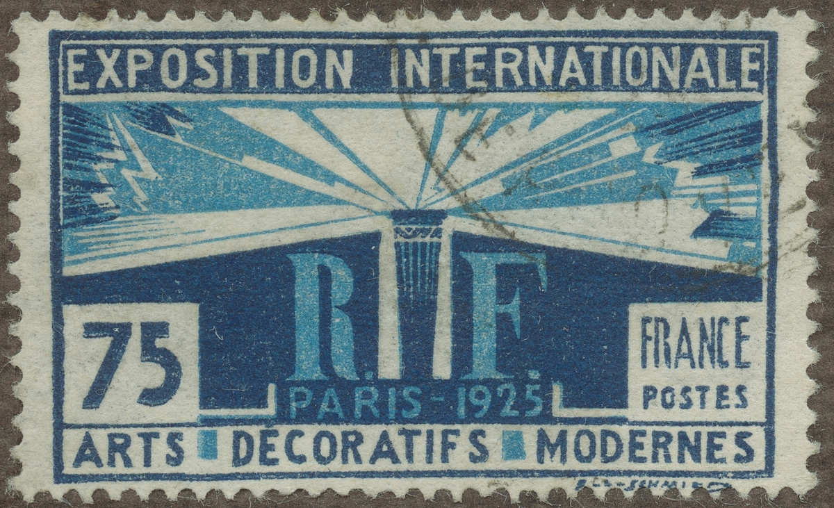 Frimärke ur Gösta Bodmans filatelistiska motivsamling, påbörjad 1950.
Frimärke från Frankrike Paris, 1924. Motiv av Internationell utställning i Paris 1925