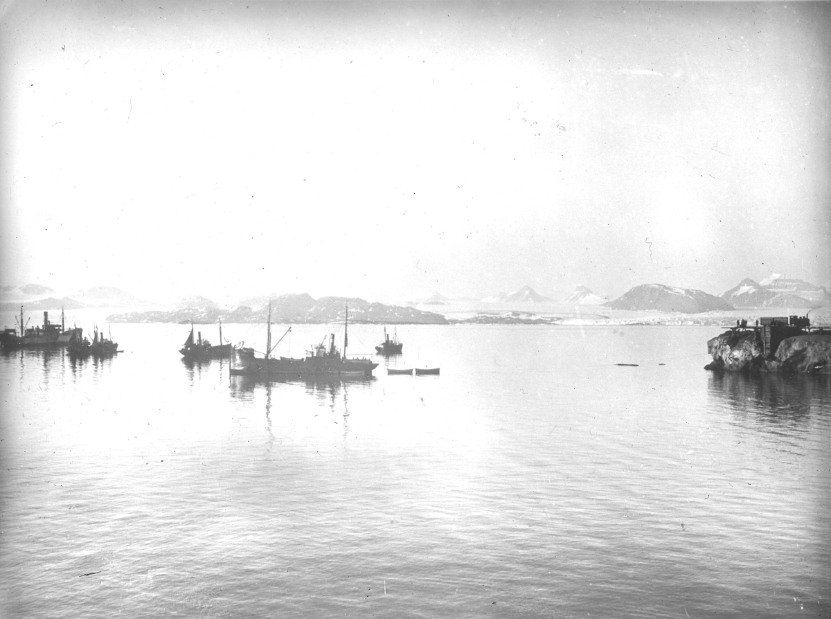 Dronningfjella (1264 moh) Colletthøgda (610 moh) Ossian Sarsfjellet (362 moh) Tekst med bildet: Kings Bay 1919. 1919. Kings Bay. Dampere f. anker.