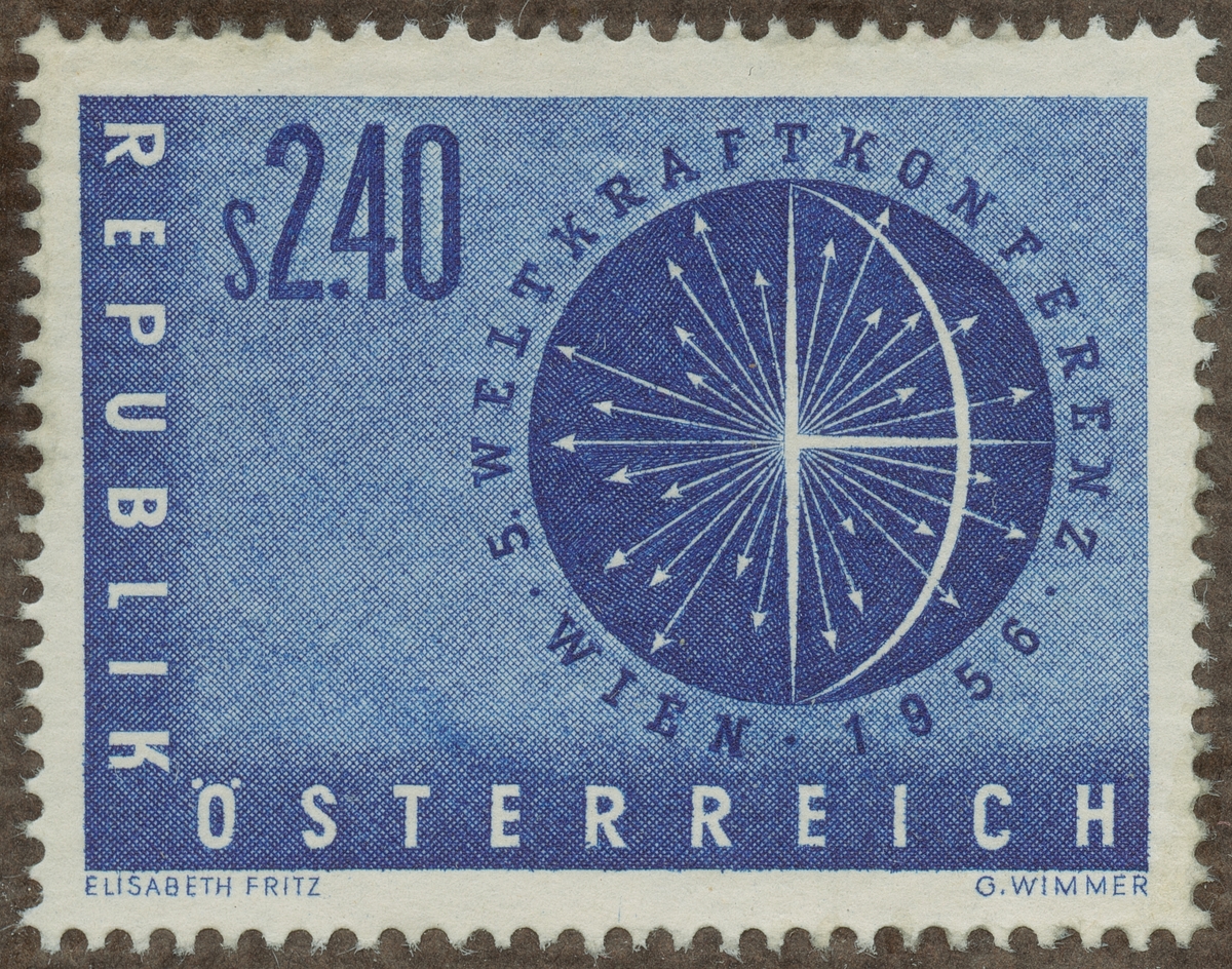 Frimärke ur Gösta Bodmans filatelistiska motivsamling, påbörjad 1950.
Frimärke från Österrike, 1956. Motiv av Symbolisk strålningsbild 4-de världskraftkonferensen i Wien 1956