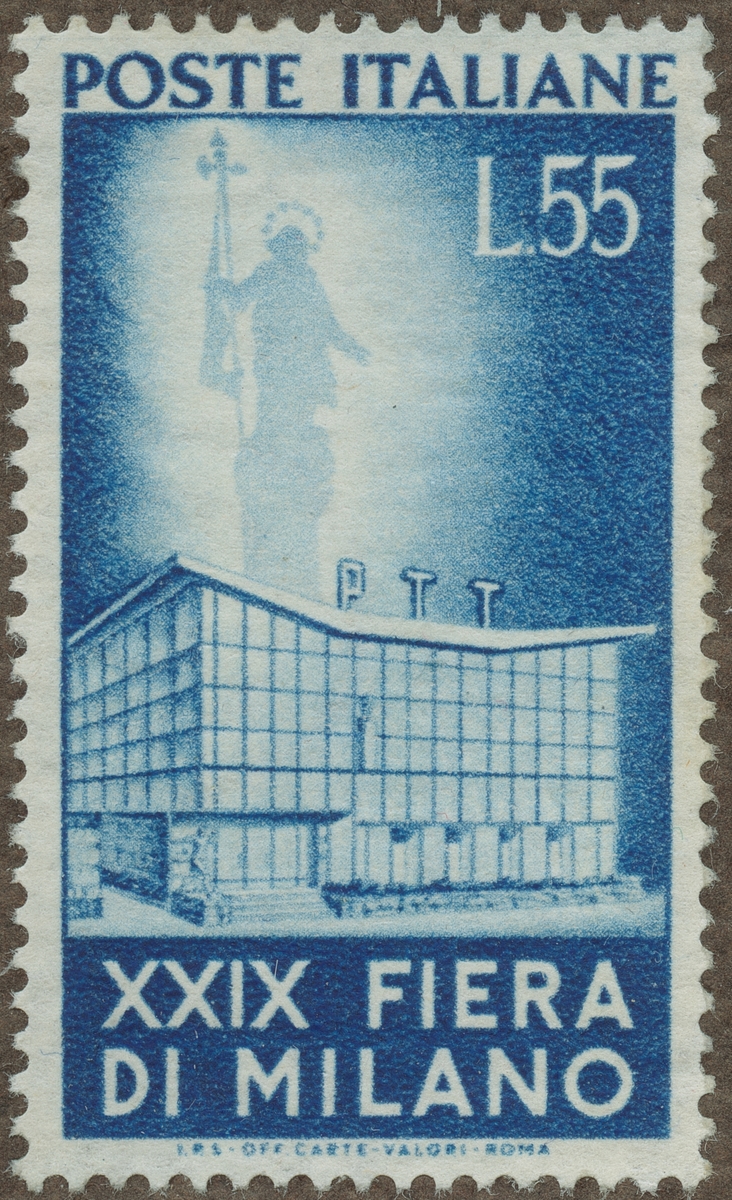 Frimärke ur Gösta Bodmans filatelistiska motivsamling, påbörjad 1950.
Frimärke från Italien, 1951. Motiv av P.T.T.-s paviljong Vid 29-de mässan i Milano 1951