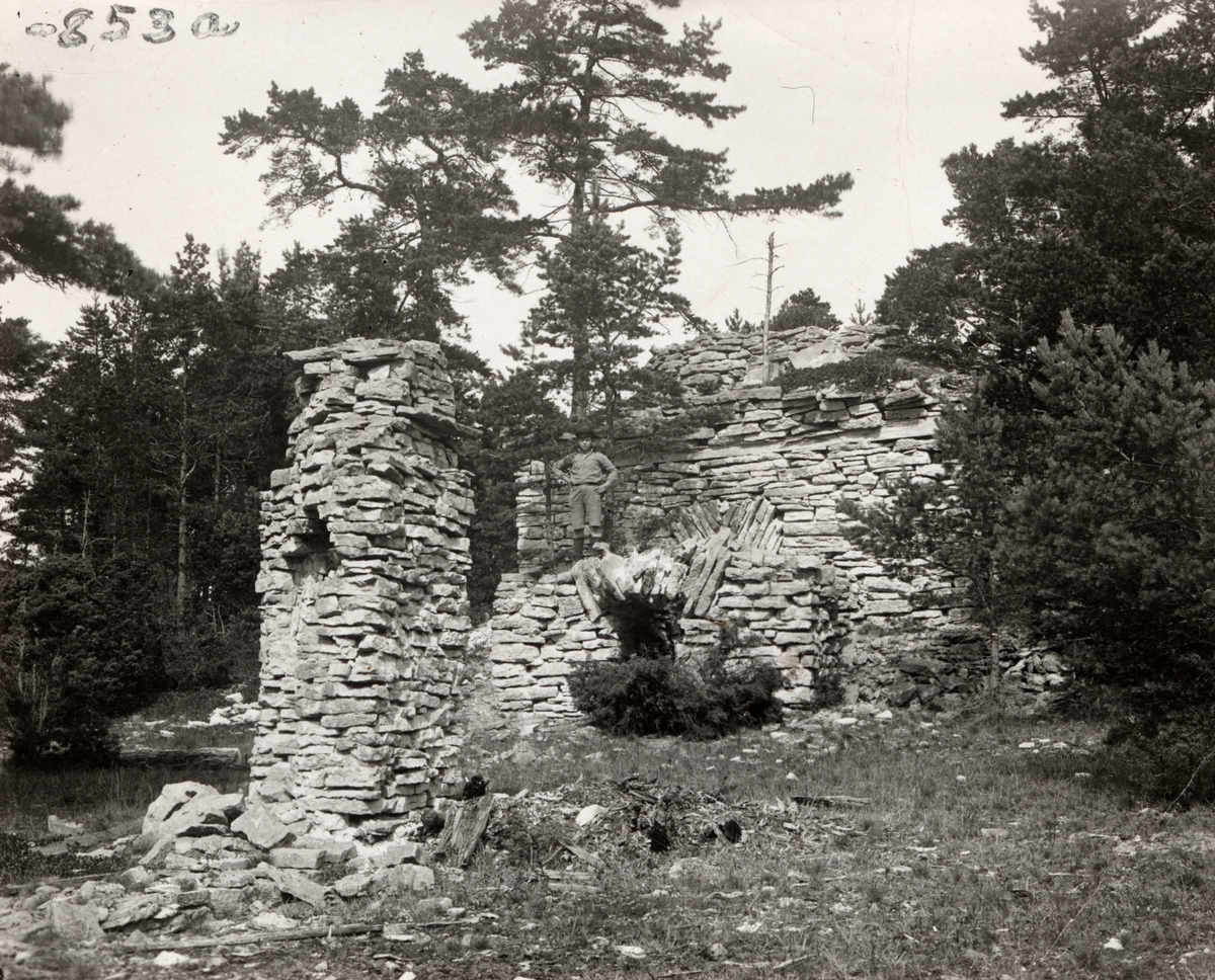 Vedeldad kalkugn för periodisk drift. I förgrunden rester av "kurru", skorsten. Halls socken, Gotland.