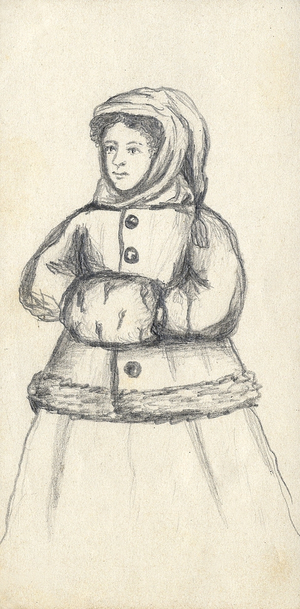 Skiss, blyerts. En kvinna i kort vinterkappa, sjal och muff.
Helfigur, halvprofil.

Inskrivet i huvudbok 1937.