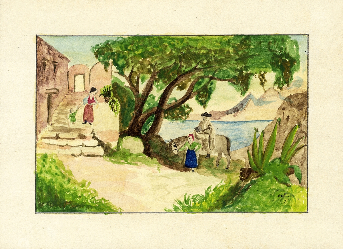Skiss, blyerts/akvarell. Ett italienskt landskap (något naivistiskt) med två kvinnor, varav en med ett litet barn, en man och en häst vid havet.

Inskrivet i huvudbok 1937.
