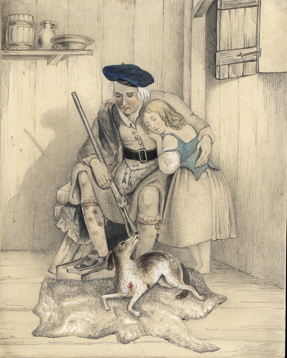 Skiss, blyerts/akvarell. En gammal skotte i kilt m.m., med en flicka (barnbarn?) och en hund.

Inskrivet i huvudbok 1937.