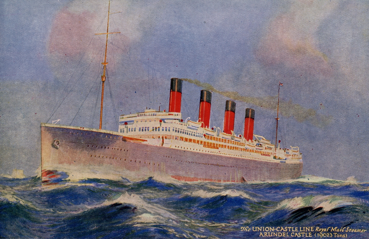 Union-Castle Line, RMS ARUNDEL CASTLE. Vykort, färglitografi.