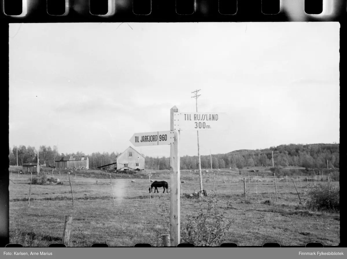 Foto av veikryss skilt i Øst-Finnmark som viser vei til grenseovergang til Russland. På skiltet står det: Til Jarfjord 960, Til Russland 300 m

I bakgrunnen kan man se et fjøs og et inngjerdet område med en hest på beite