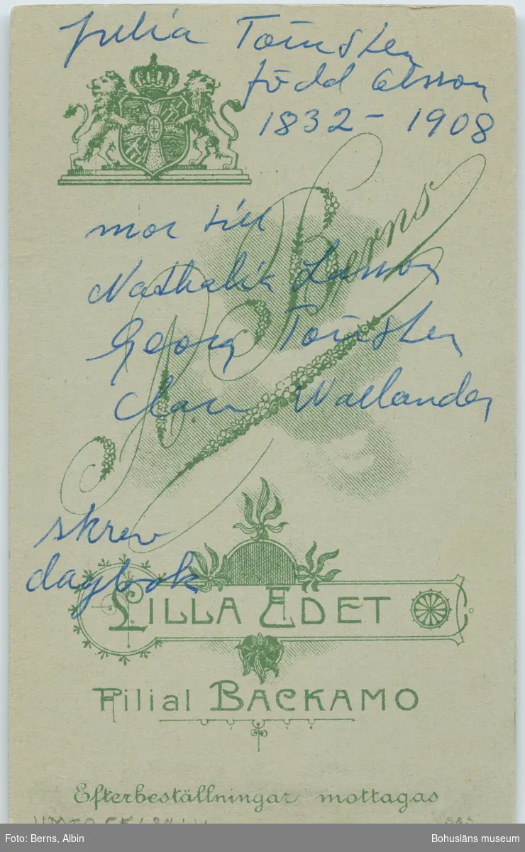 Skrivet på baksidan: Julia Törnsten född Olsson 1832-1908 mor till Nathalia Lasrson Georg Törnsten --- Wallander
skrev dagbok