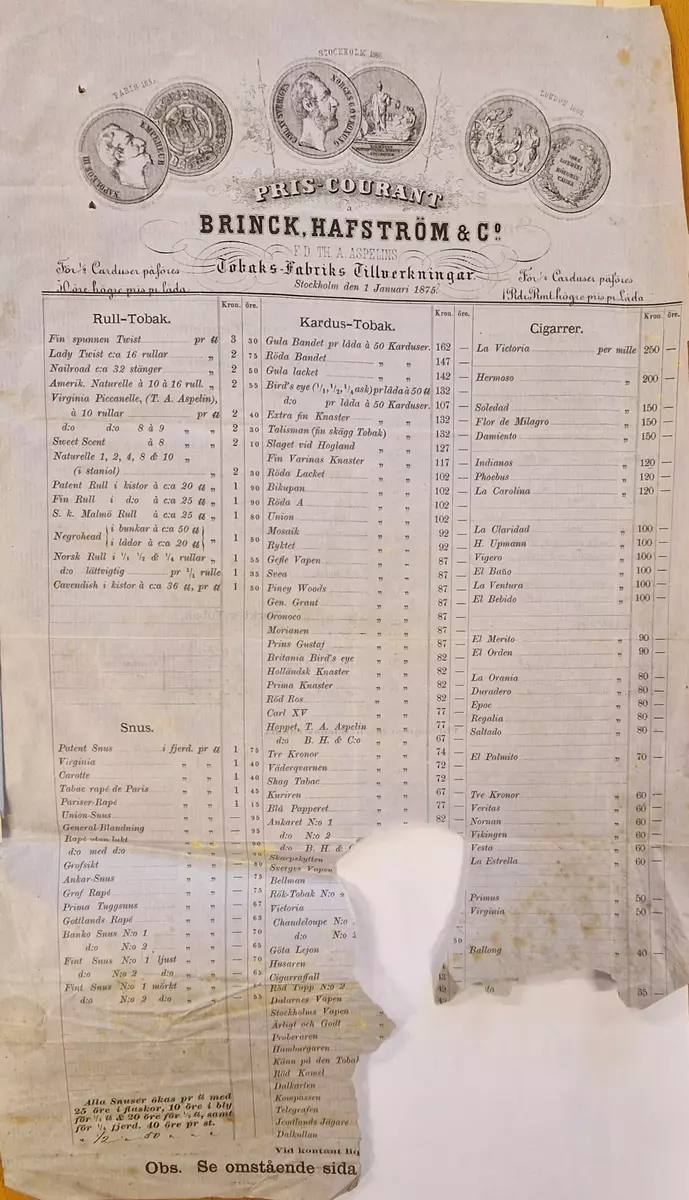 Priskurant å Brinck, Hafström & Co. F.d. Th. A. Aspelins TobaksfabriksTillverkningar, Stockholm den 1 januare 1875. På baksidan: Skönvik's Handels Aktiebolag.