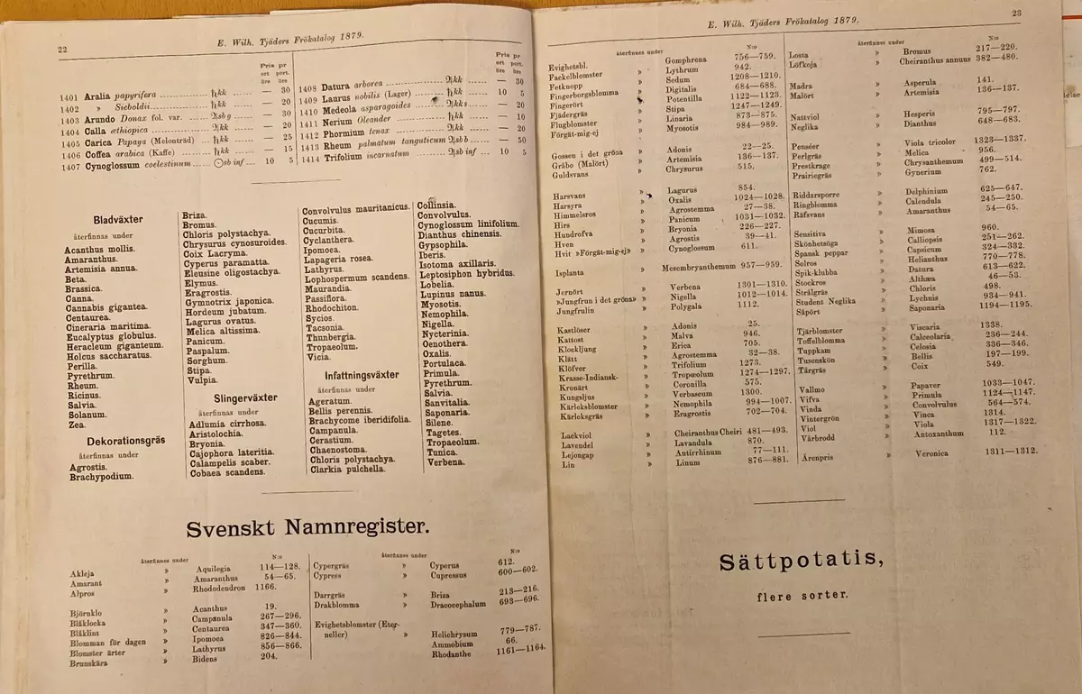Priskurant från Erik Wilhelm Tjäders fröhandel, Stockholm, stora Nygatan No 1. Tryckt av Central Tryckeriet, Stockholm. 1879. 28:e årgången.