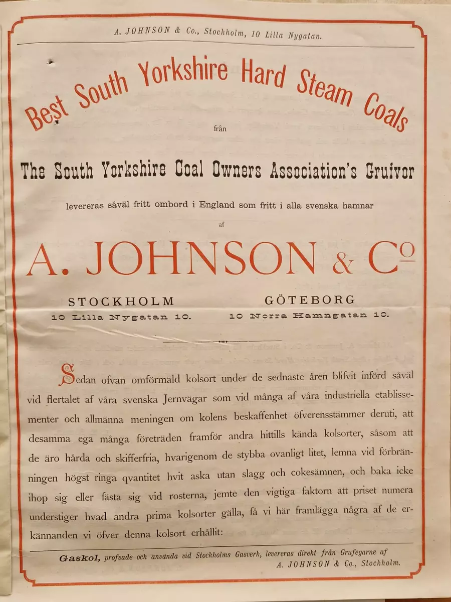 Broschyr från A Johnson & Comp, Stockholm, Lilla Nygatan 10 och Göteborg, Norra Hamngatan 10. 12 sidor. Central- Tryckeriet, Stockholm 1877.
