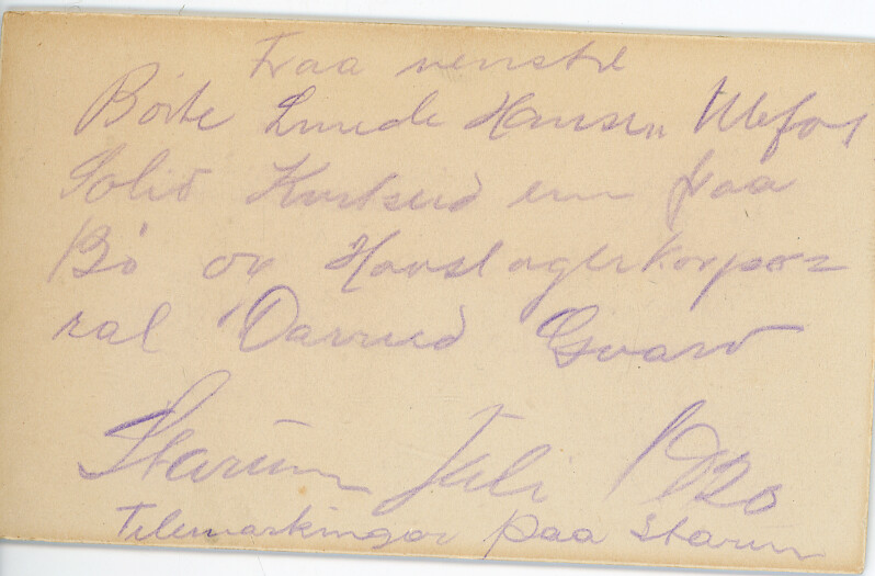 Fem menn i militæret på Starum i juli 1920.  Skal vere Børte frå Lunde, Hansen frå Ulefoss, Solid frå Kviteseid, ein frå Bø og hovslagerkorporal Darrud frå Gvarv. 