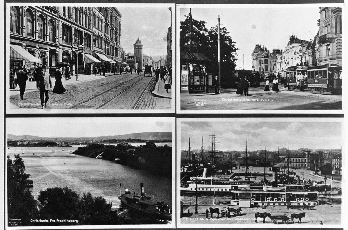 Fotomontasje med fire bilder fra Oslo. Karl Johans gate, Drammenveien, Fra Fredriksborg. og Pippervika med Vestbanestasjonen. Året er 1911.