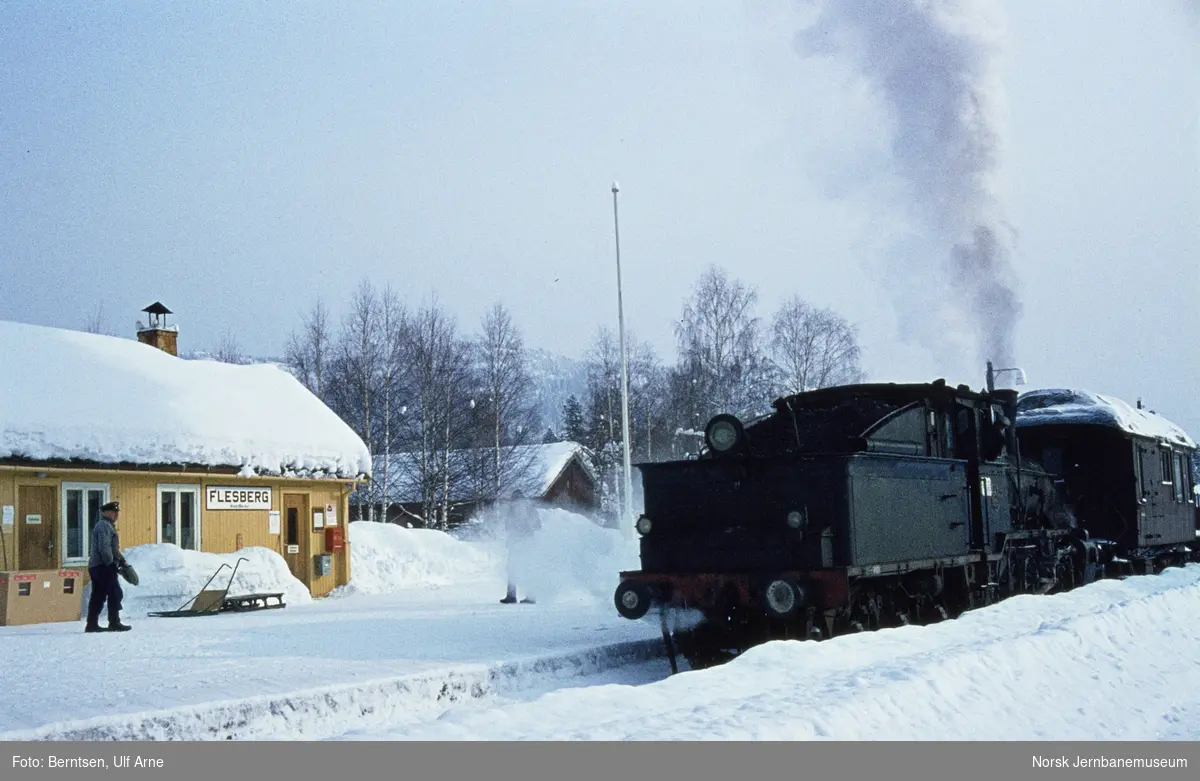Damplokomotiv type 21b nr. 225, med godstog fra Kongsberg til Rødberg på Flesberg stasjon