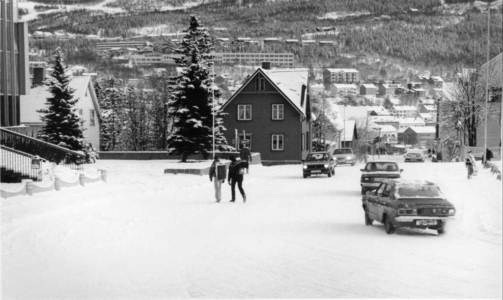 Brugata sett fra Narvik gymnas - Frydenlund veideregående skole. Til venstre ingang til Idrettens Hus.  Mitt i bildet  står Tøllefsen-gården. Vinter.
