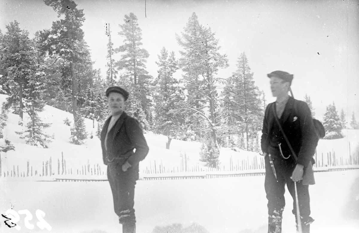 Bilde viser portrett av to karer på tur med rypesekk og gevær

Fotosamling etter Øystein O. Jonsjords (1895-1968), Tinn.