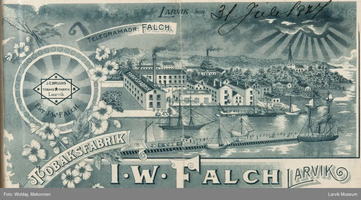 Falchs tobaksfabrikk ved Skottebrygga. Skrevet på baksiden av bildet. "Temmelig fantasifullt. Nils Bugge "