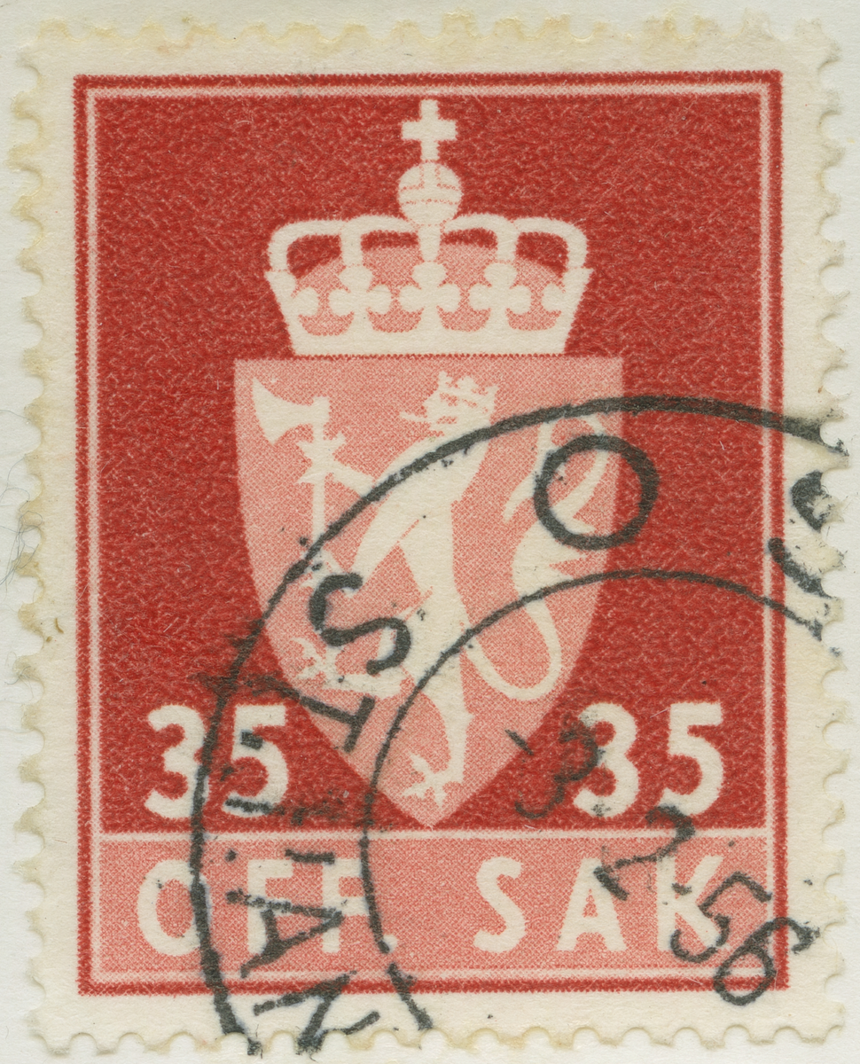 Frimärke ur Gösta Bodmans filatelistiska motivsamling, påbörjad 1950.
Frimärke från Norge, 1955. Motiv av Norges Vapen