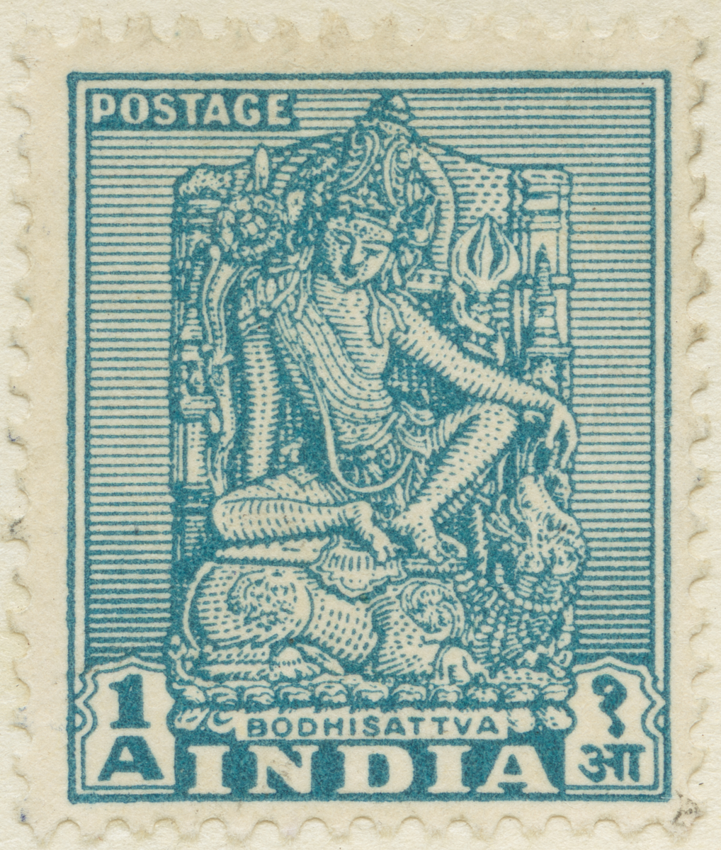 Frimärke ur Gösta Bodmans filatelistiska motivsamling, påbörjad 1950.
Frimärke från Indien, 1949. Motiv av Bodhisattva: Buddha Bild