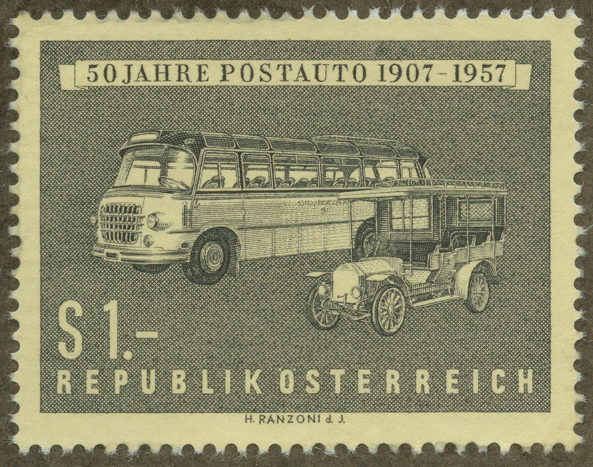 Frimärke ur Gösta Bodmans filatelistiska motivsamling, påbörjad 1950.
Frimärke från Österrike, 1957. Motiv av Post bussen: Förr och Nu Postauto 50 år 1907-1957