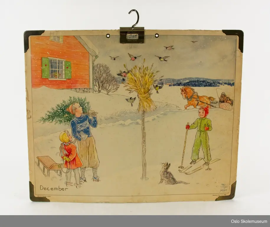 Desember måned: Landlig lanskap med tre barn som leker i snøen og ser på en fuglenek med fugler. I bakgrunnen er det et hus og en hesteslede.