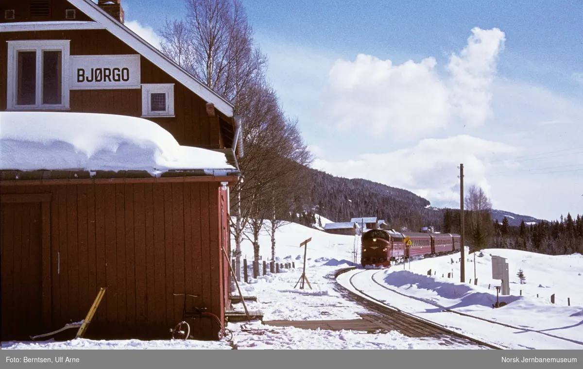 Diesellokomotiv Di 3 med persontog fra Oslo Ø til Fagernes, tog 281, kjører inn på Bjørgo stasjon
