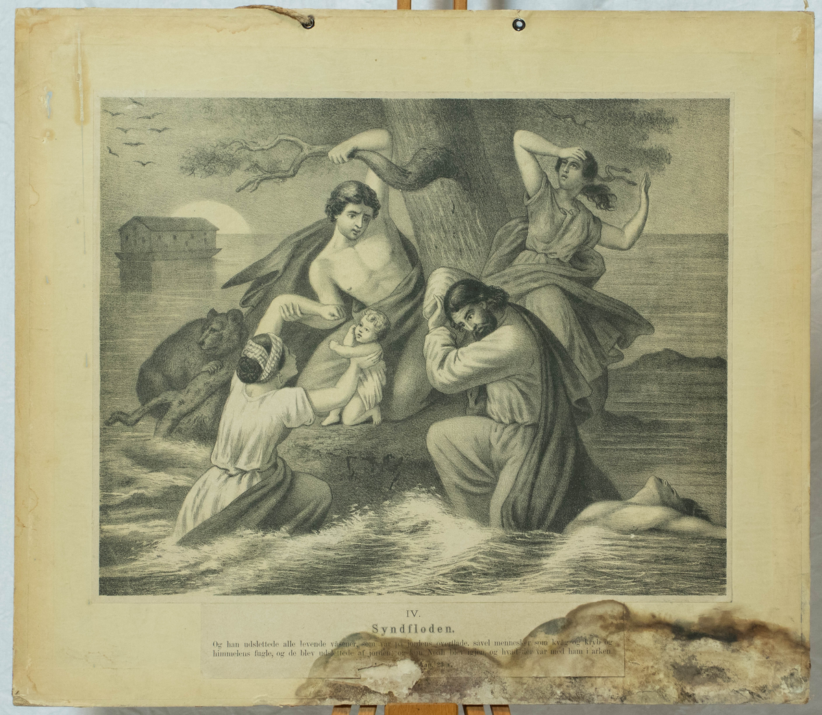Fremstilling av syndefloden. Fire person og et spedbarn samlet rundt et tre omringet av vann. I bakgrunnen er Noas ark synlig.