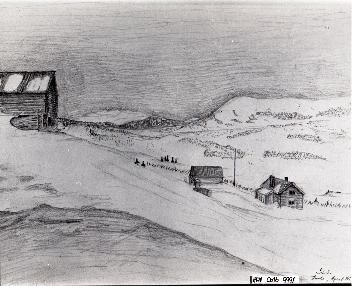 Blyanttegning fra Imle i Nes under påskeoppholdet i Børdalsbua (øvre) i 1955.
