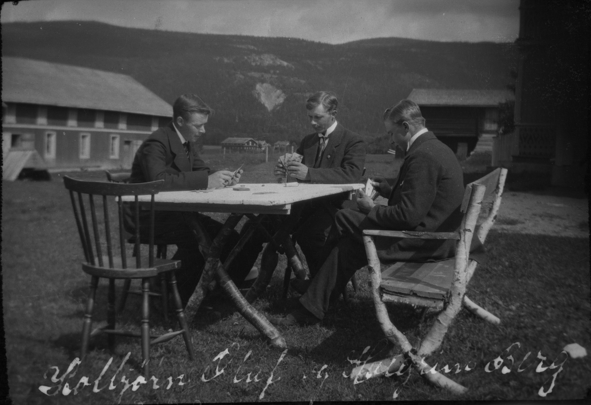 Gruppe
Ute på tunet i Trøstheim sitter Kolbjørn, Olaf og Halgrim Trøstheim og spiller kort ved hagebordet.
