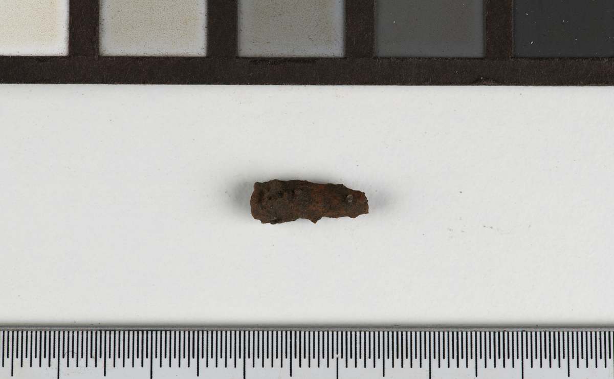 Tynt fragment av jern med rundt tverrsnitt, kanskje del av nål. Mål: L: 1,3 cm. T: 0,4 cm. Vekt: 0,2 gram.