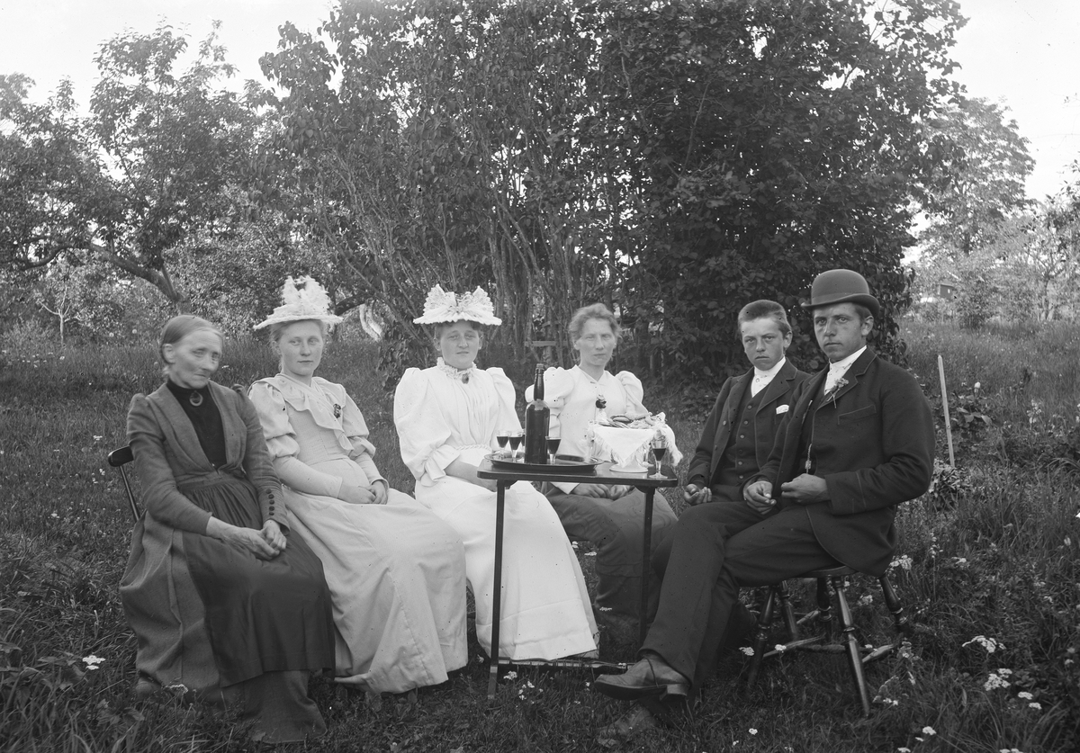 Ringsaker, gruppe 6, fra venstre: Julie Skappel ? (1833-1909), Agnethe Øhre (1872-1944) ukjent, Dorthea Solberg (1893-1984) Halfdan Skappel (1876-1950) Halvor Skappel (1872-1943) kvinneklær, hodeplagg, vin, flaske, glass, kaker,