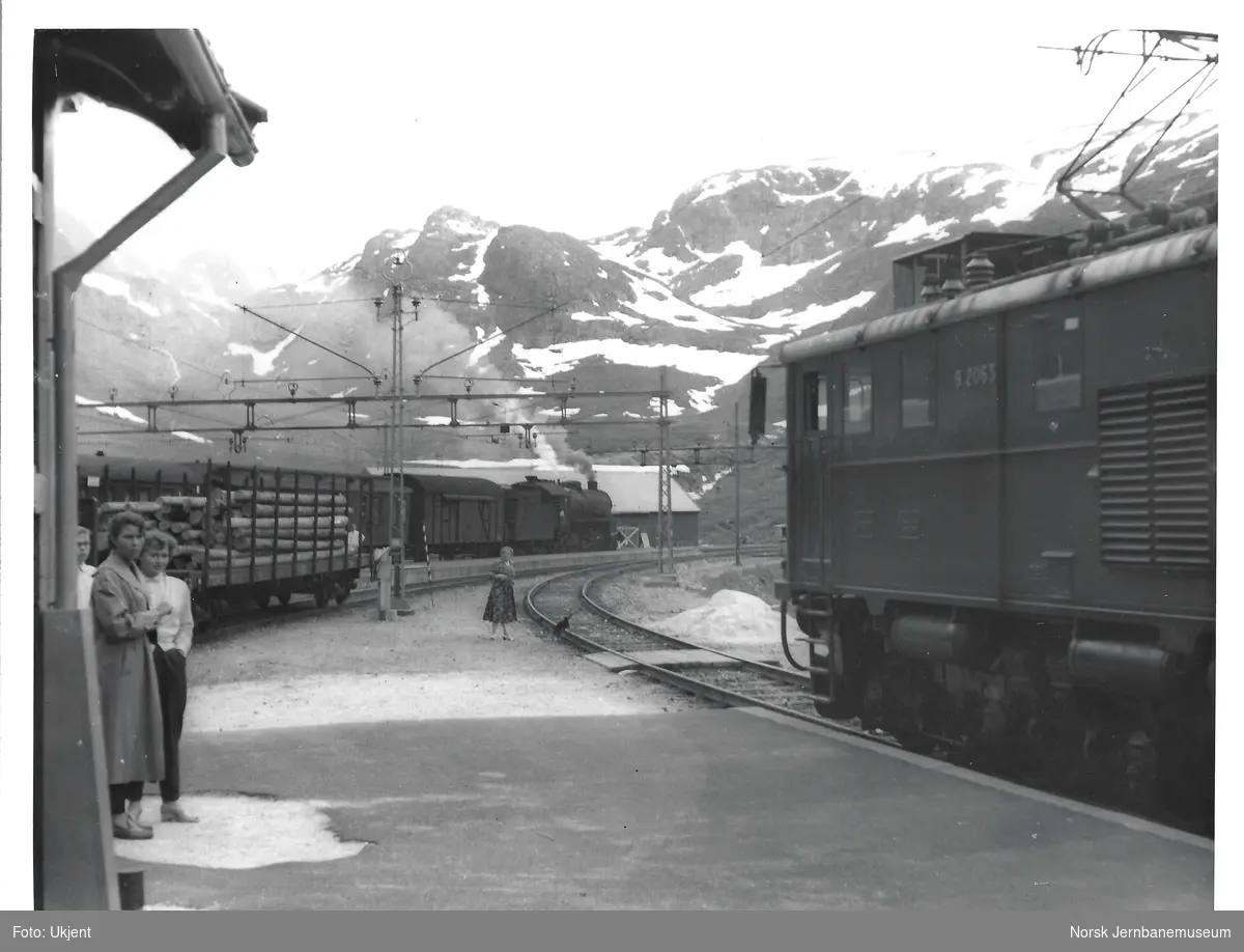 Damplokomotiv type 31b nr. 429 (bak til venstre) med dagtoget fra Oslo Ø til Bergen, tog 601, på Myrdal stasjon. Til høyre elektrisk lokomotiv El 9 2063 med tog fra Flåm