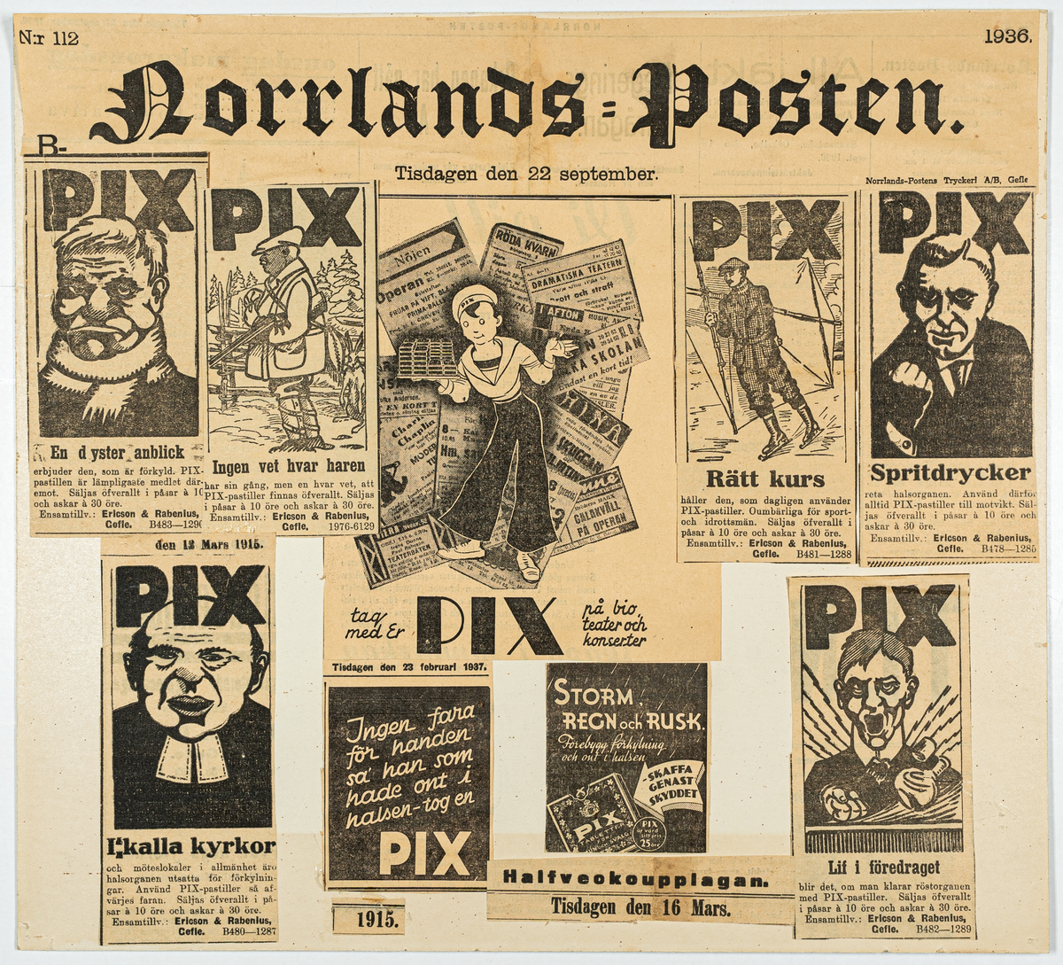 Tidningsannonser, nio stycken, för PIX, i Norrlands-Posten 1916-1935,