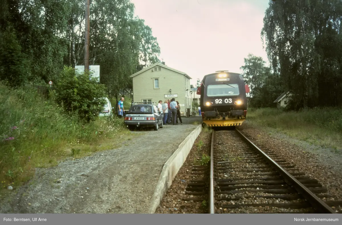Dieselmotorvognsett type 92 med motorvogn BM 92 03 fremst på Aurdal stasjon på Valdresbanen
