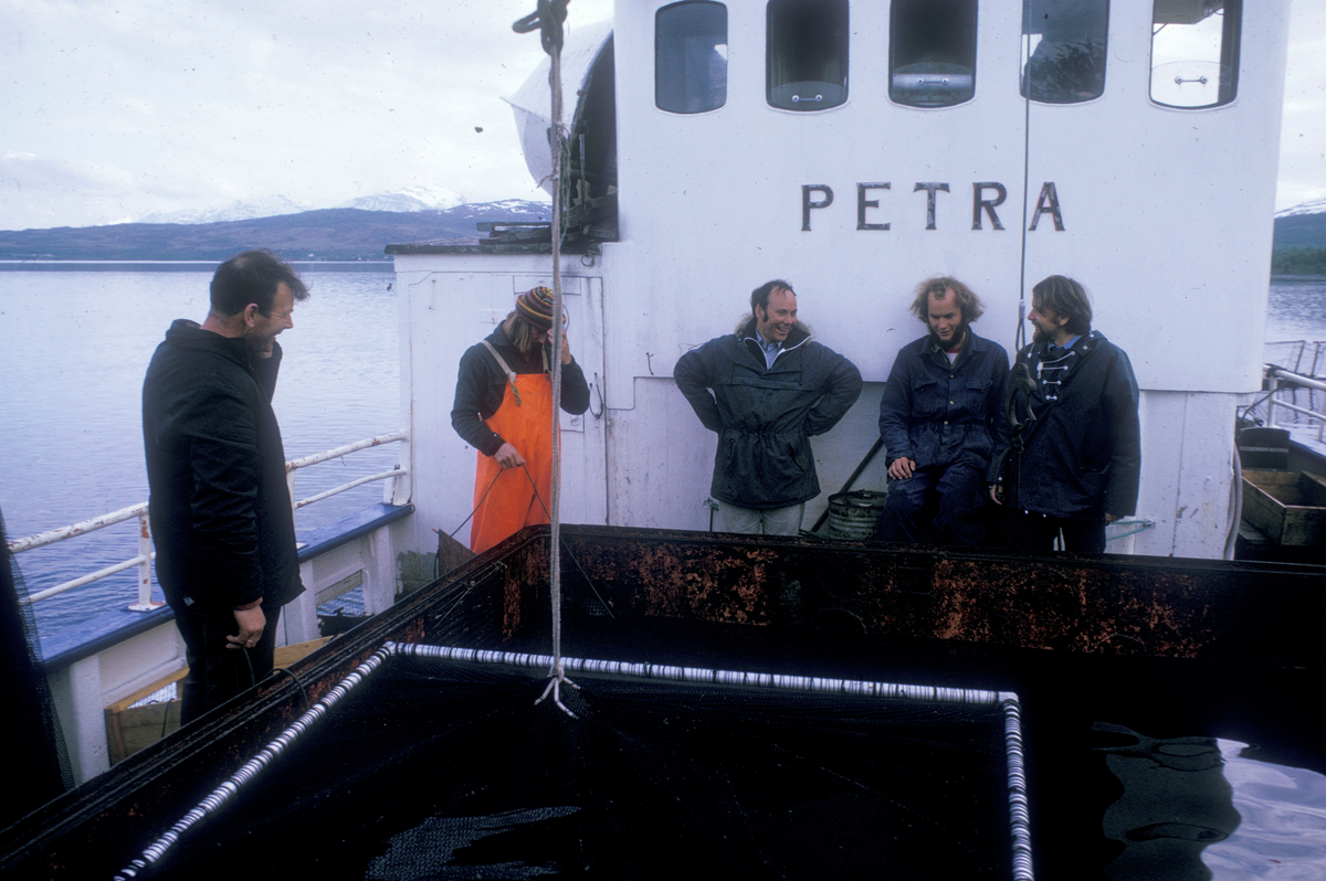 Unifisk, Tromsø 1974 : 5 menn samlet på dekk ombord båten "Petra"