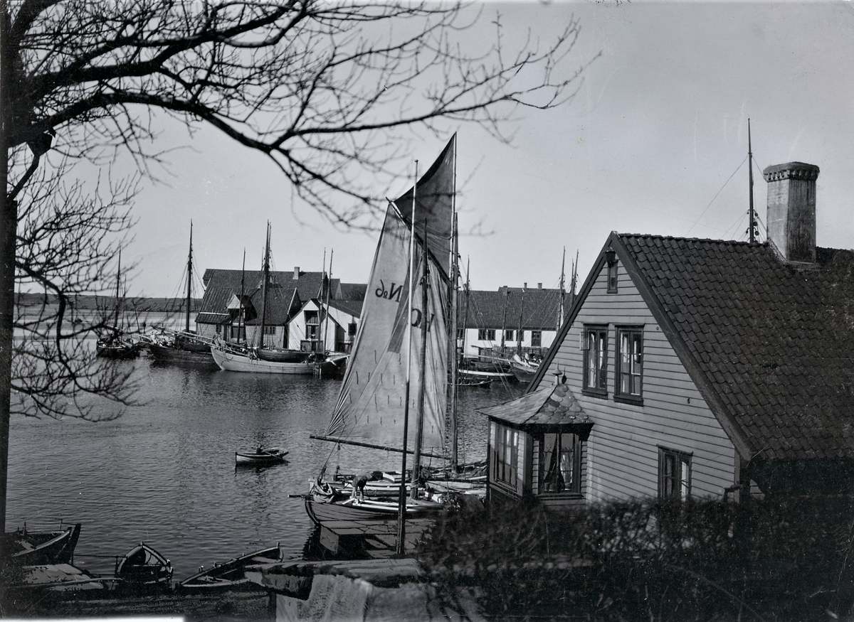 Nordre Smedasundet i Haugesund. Et hus ligger i forgrunnen med flere mindre seilbåter utenfor. På andre siden av sundet er Sjøhuskleiva på Hasseløy.