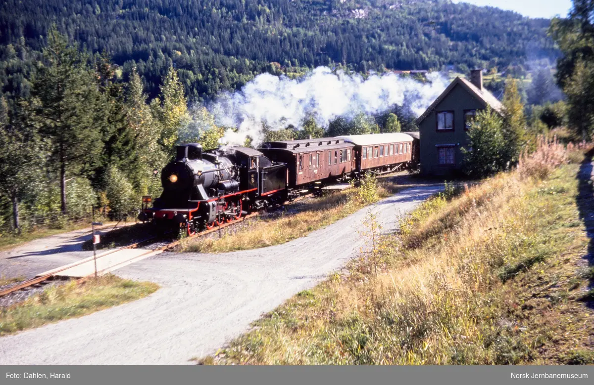 Damplokomotiv 24b nr. 236 med veterantog på Laugi holdeplass på Numedalsbanen