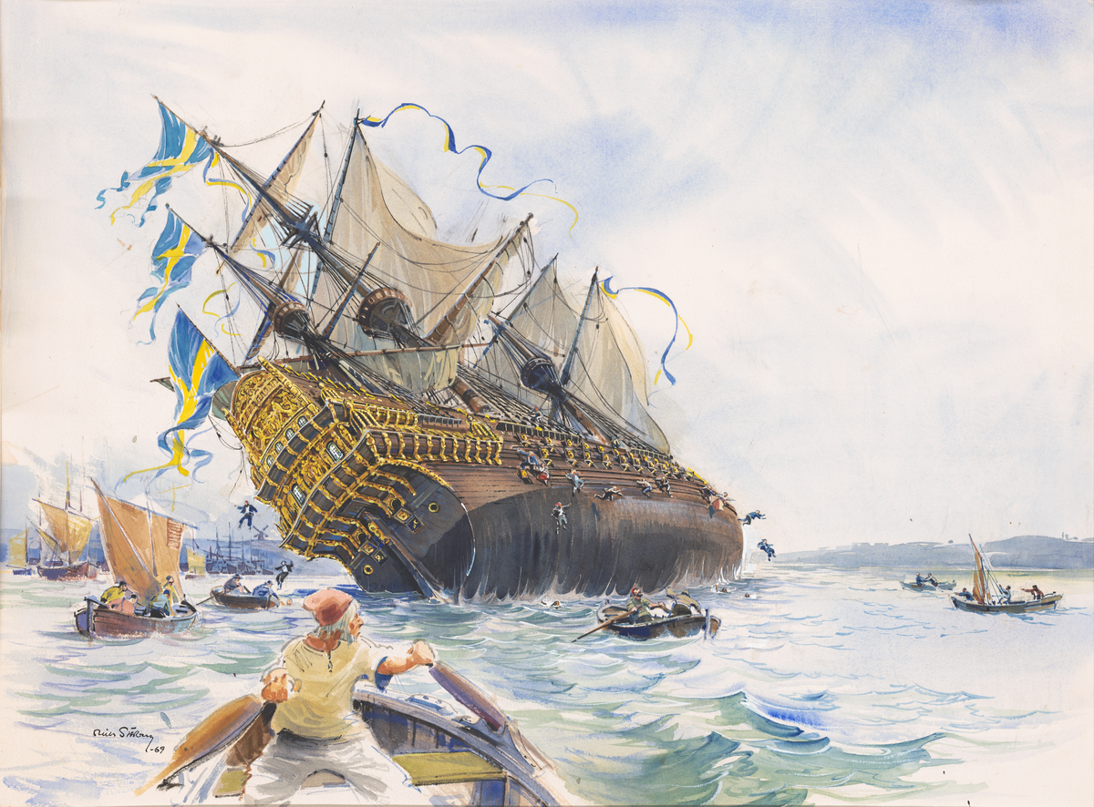 Vasa skeppet kantrande, akterifrån, med flera småbåtar runt om. Akvarell på papper uppfäst på masonit, vit passepartout.