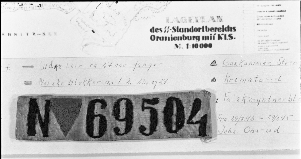 KLS - Sachsenhausen: Kart/Plan over leiren. 
No. 69504: Fangenummer for Johs. Onsrud, Kapp.