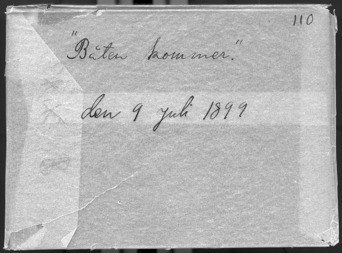 Båten "Brunnsviken" anländer till bryggan vid Sätra äng i Danderyd den 9 juli 1899.
Bilden är troligen tagen av Axel Pehrson.
Glasplåten låg i ett kuvert som hade bildtexten:
"Båten kommer, den 9 juli 1899."