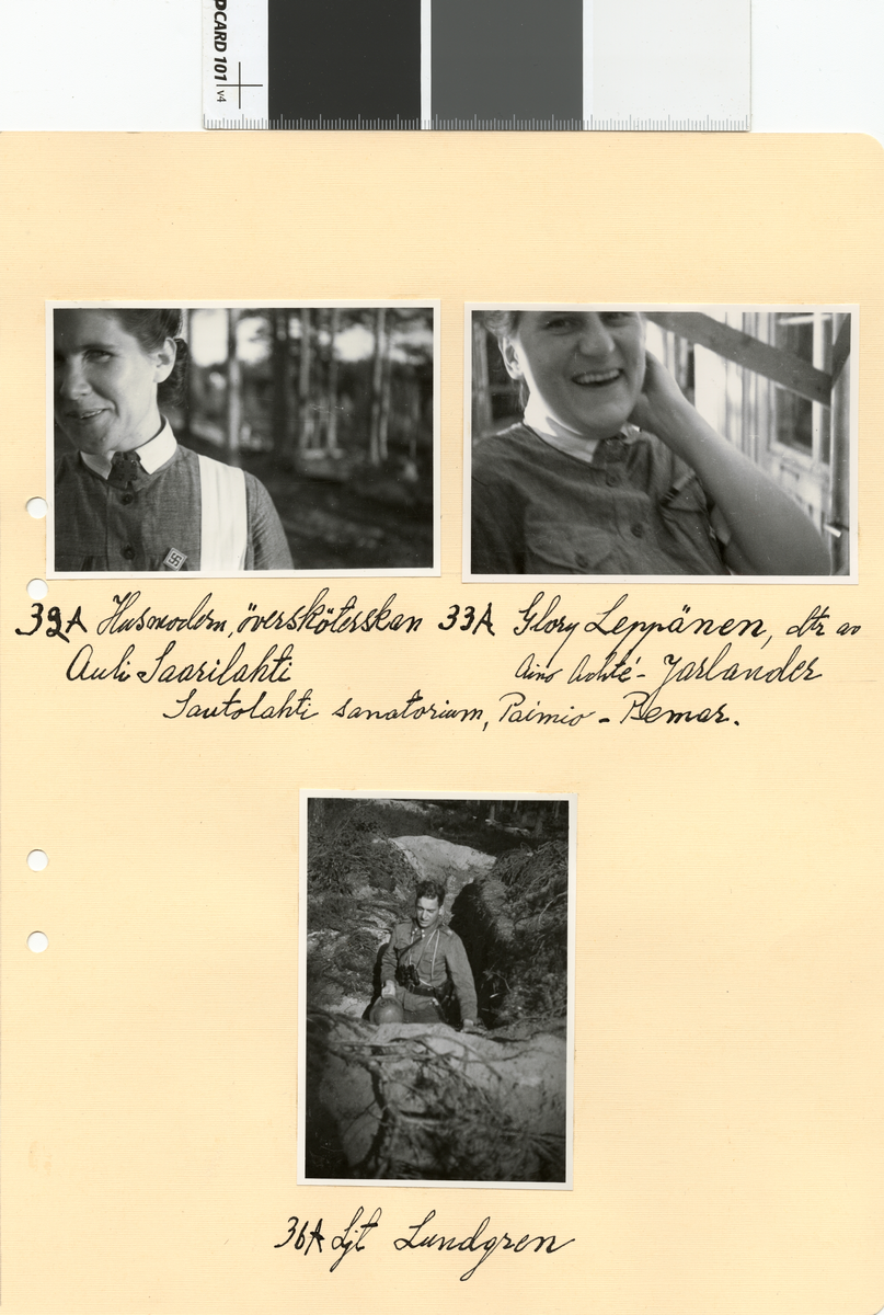 Text i fotoalbum: "Glory Leppänen, dtr av Aino Achté-Jarlander, Sautolahti sanatorium, Paimio-Bemar".
