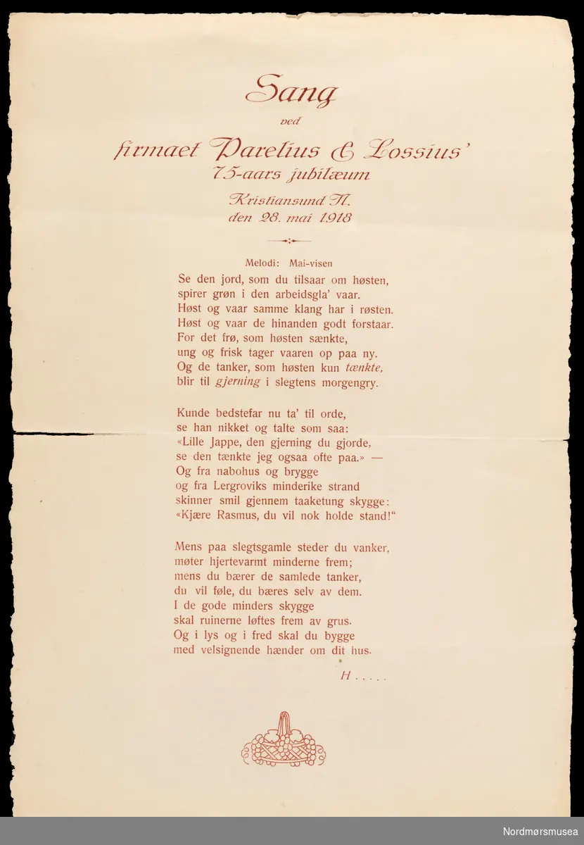 Jubileumssang under firmaet Parelius & Lossius' 75-års jubileum, den 28. mai 1918.