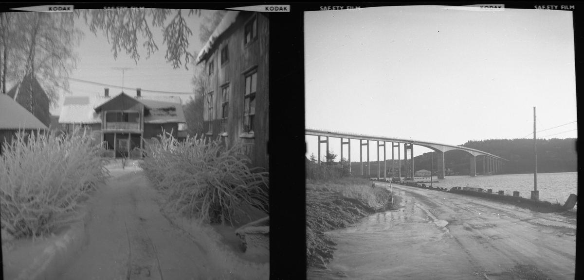 Två bilder. Till vänster Familjen Sundlings hus på Arvikavägen 5 i Årjäng, Huset revs 1981. Till höger Bro över vatten.