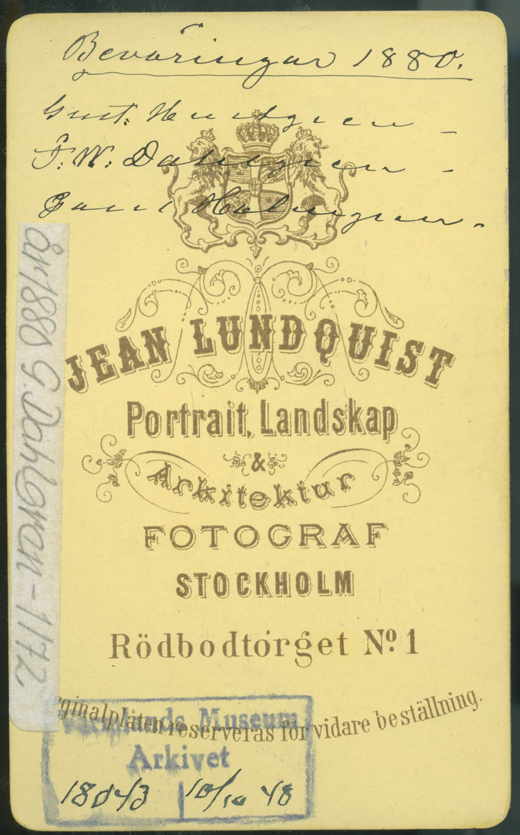 På kuvertet står följande information sammanställd vid museets första genomgång av materialet: Beväringar Gust. Hultgren, J.W Dahlgren. Holmgren.